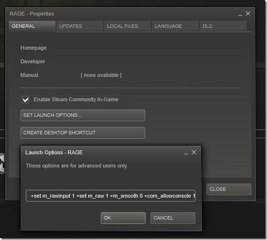 Rage Launch Optionen, allowconsole Options