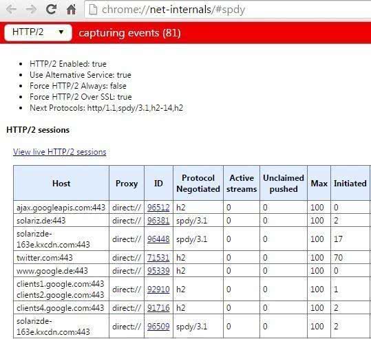 Chrome HTTP/2 SPDY Ansicht