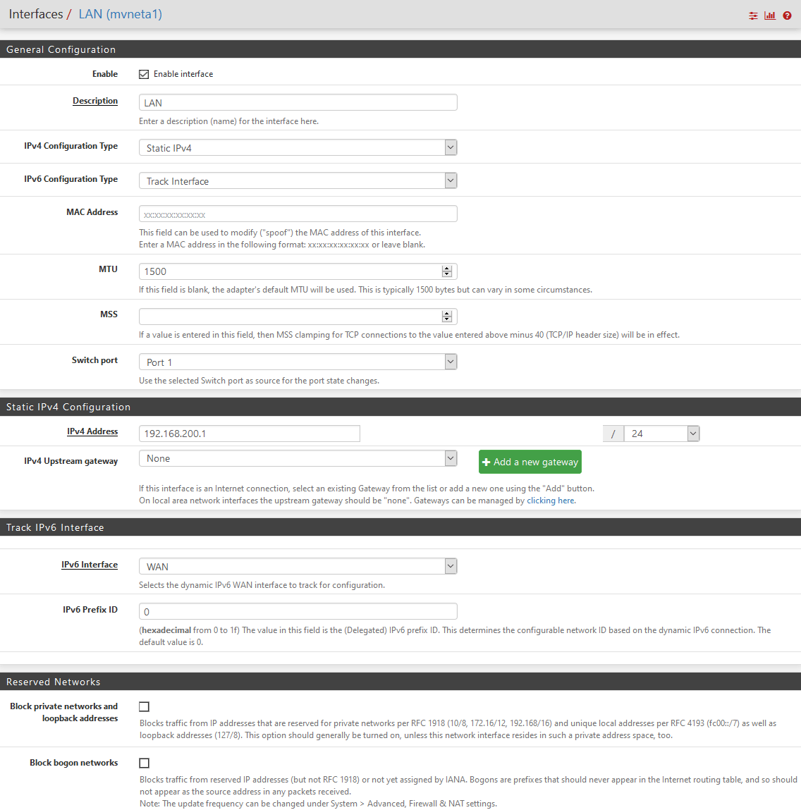 pfSense Dual Stack IPv6 Interface LAN