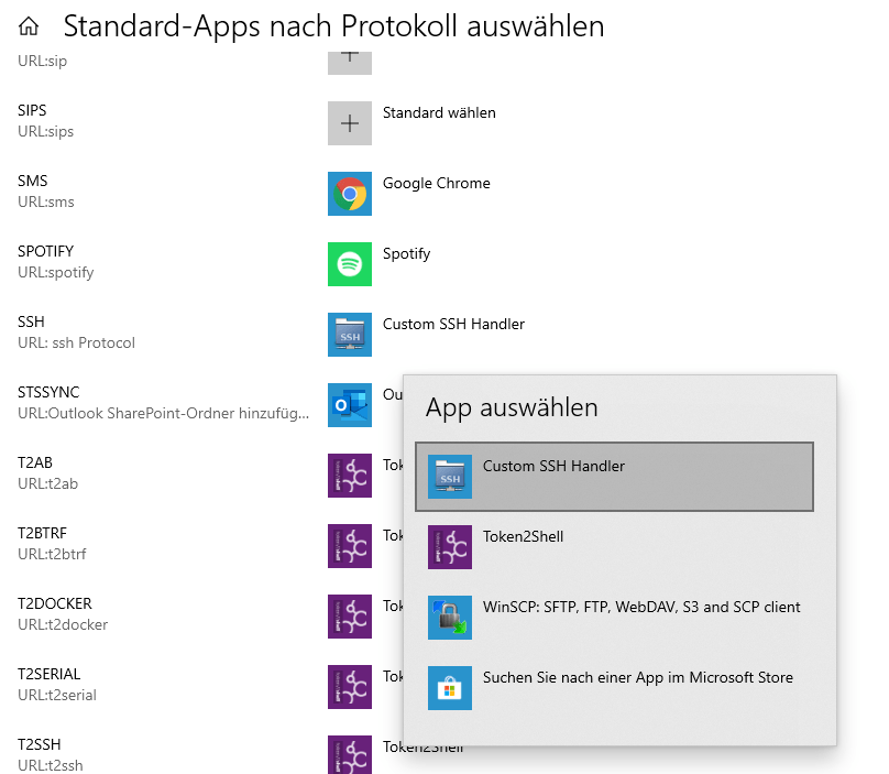Screenshot of German Win10 default apps settings showing custom SSH handler
