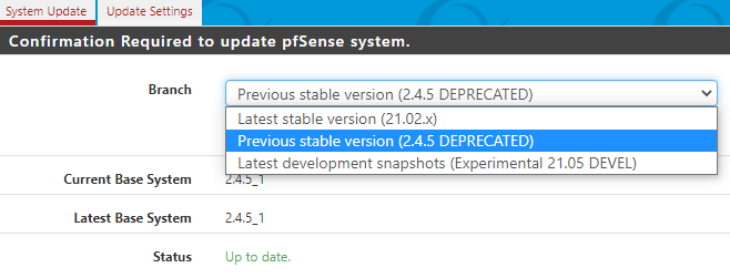 pfSense UI System Update menu