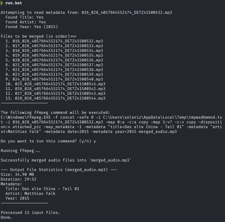 Screenshot of the MP3 audiobook file merger script in action