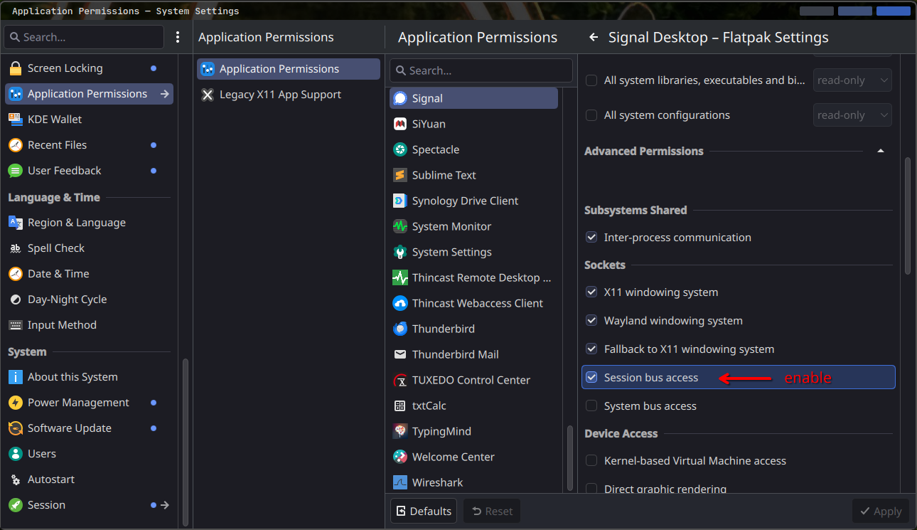 Signal kwalletd dbus flatpak setting