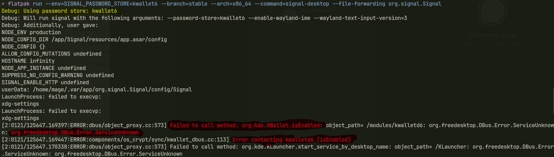 Signal kwalletd Error