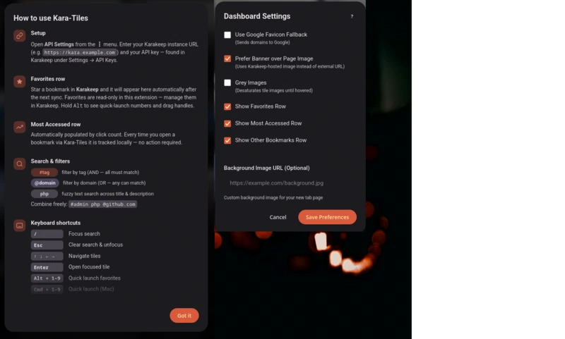 Kara-Tiles Browser Extension Options Screenshot
